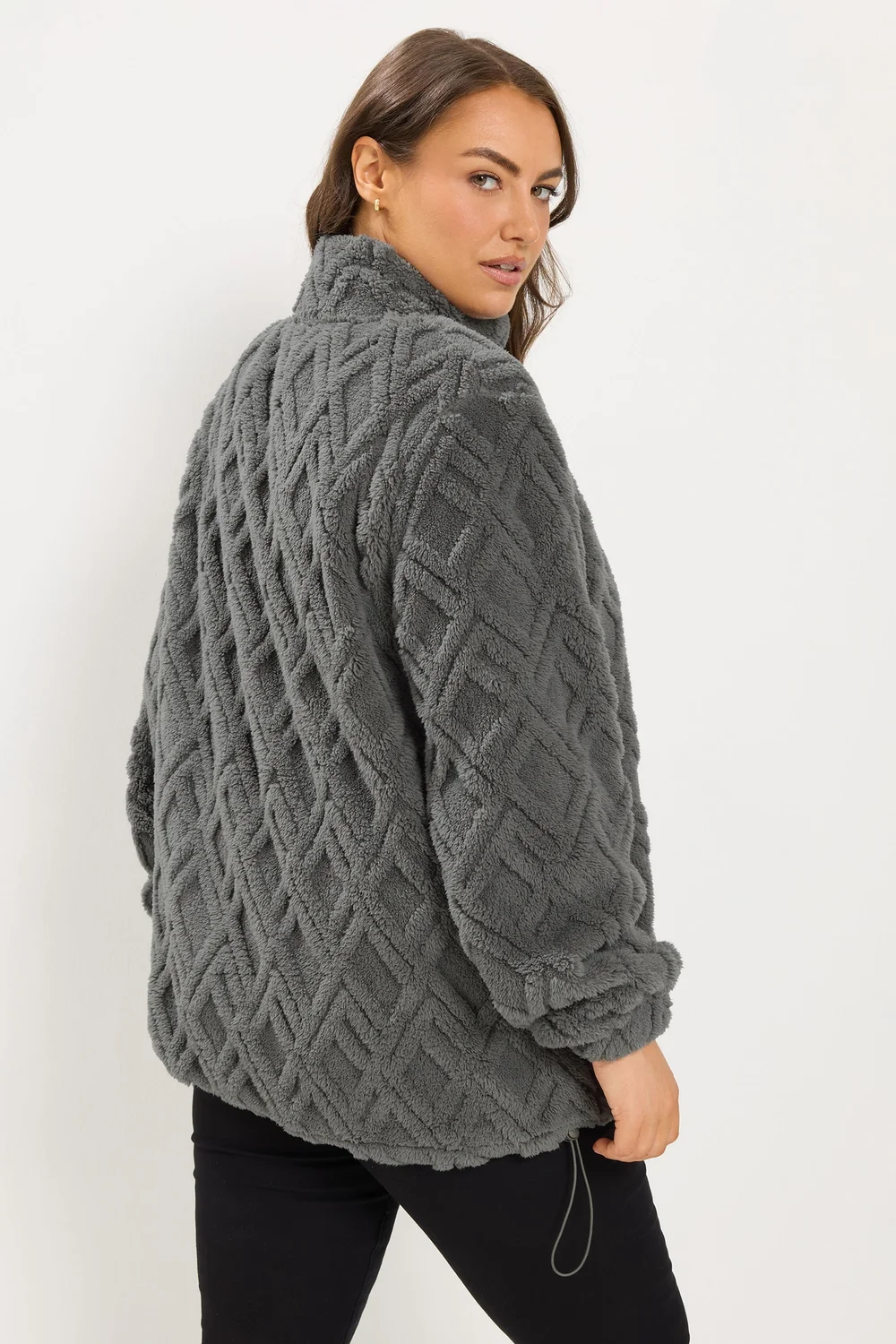 Yours Curve Charcoal Grey Textured Fleece Jacket - 14 Image 3