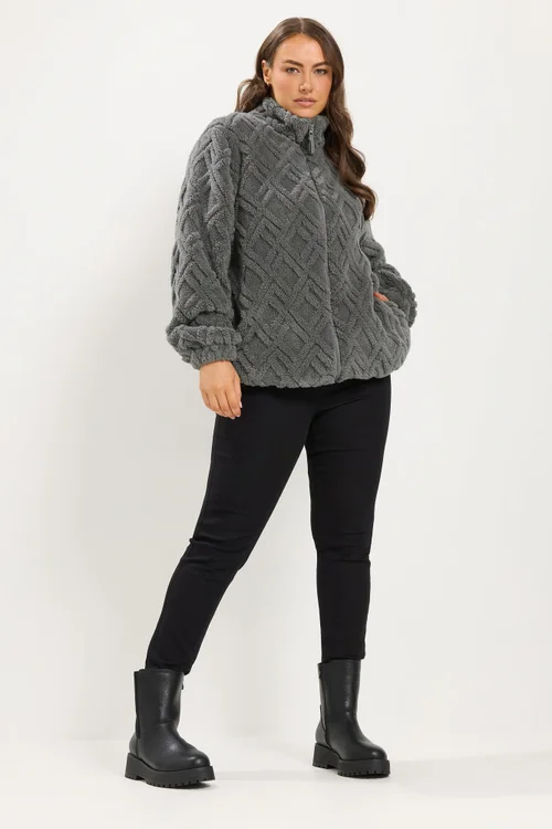 Yours Curve Charcoal Grey Textured Fleece Jacket - 14 Image 2