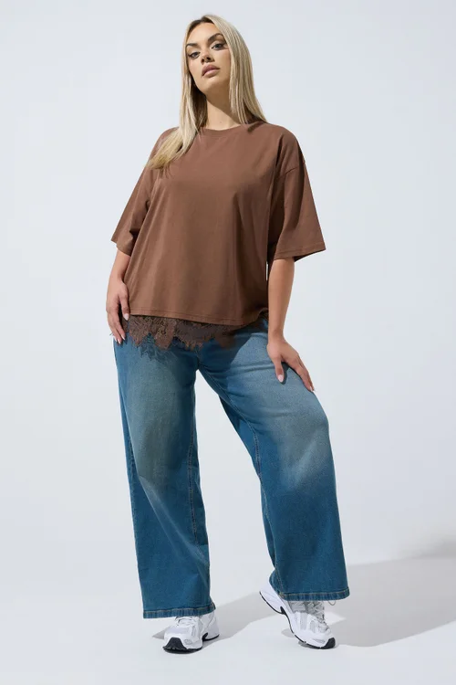 Yours Limited Curve Chocolate Brown Oversized Lace Hem T-Shirt - 16 Image 2