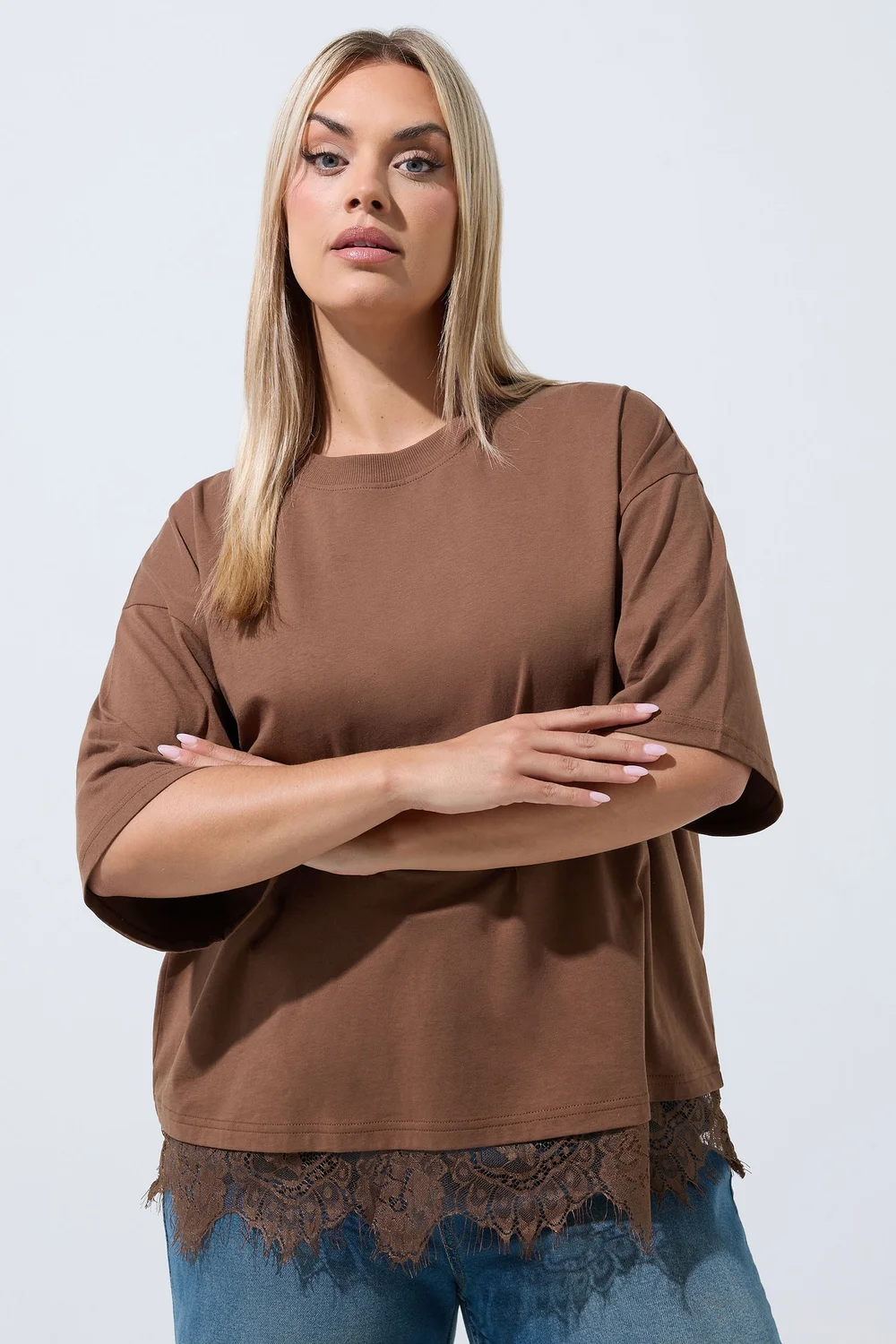 Yours Limited Curve Chocolate Brown Oversized Lace Hem T-Shirt - 16 Image 1