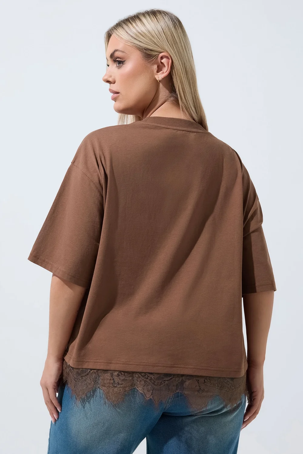 Yours Limited Curve Chocolate Brown Oversized Lace Hem T-Shirt - 16 Image 4