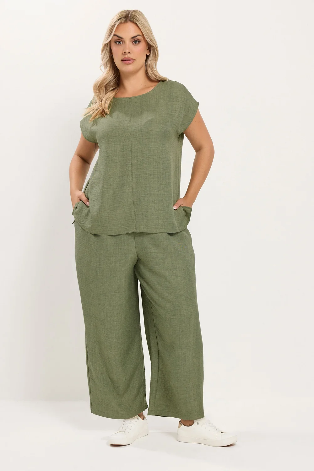 Yours Curve Khaki Green Textured Wide Leg Trousers - 22-24 Image 2