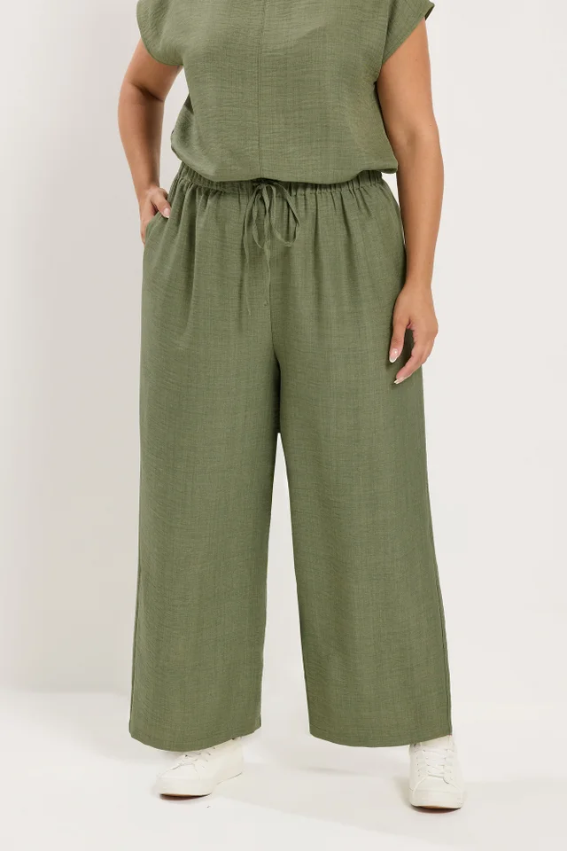 Yours Curve Khaki Green Textured Wide Leg Trousers