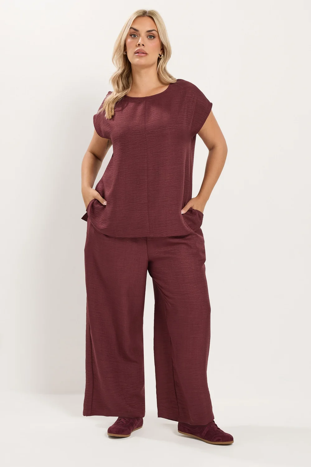 Yours Curve Wine Red Textured Wide Leg Trousers - 16 Image 3