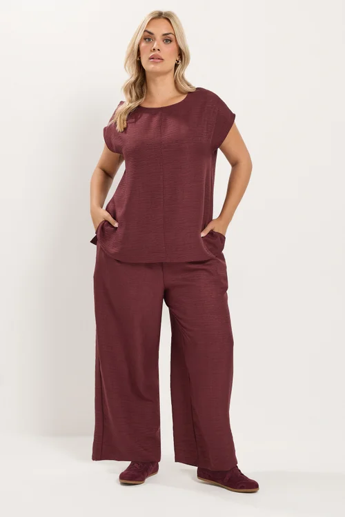 Yours Curve Wine Red Textured Wide Leg Trousers - 16 Image 3