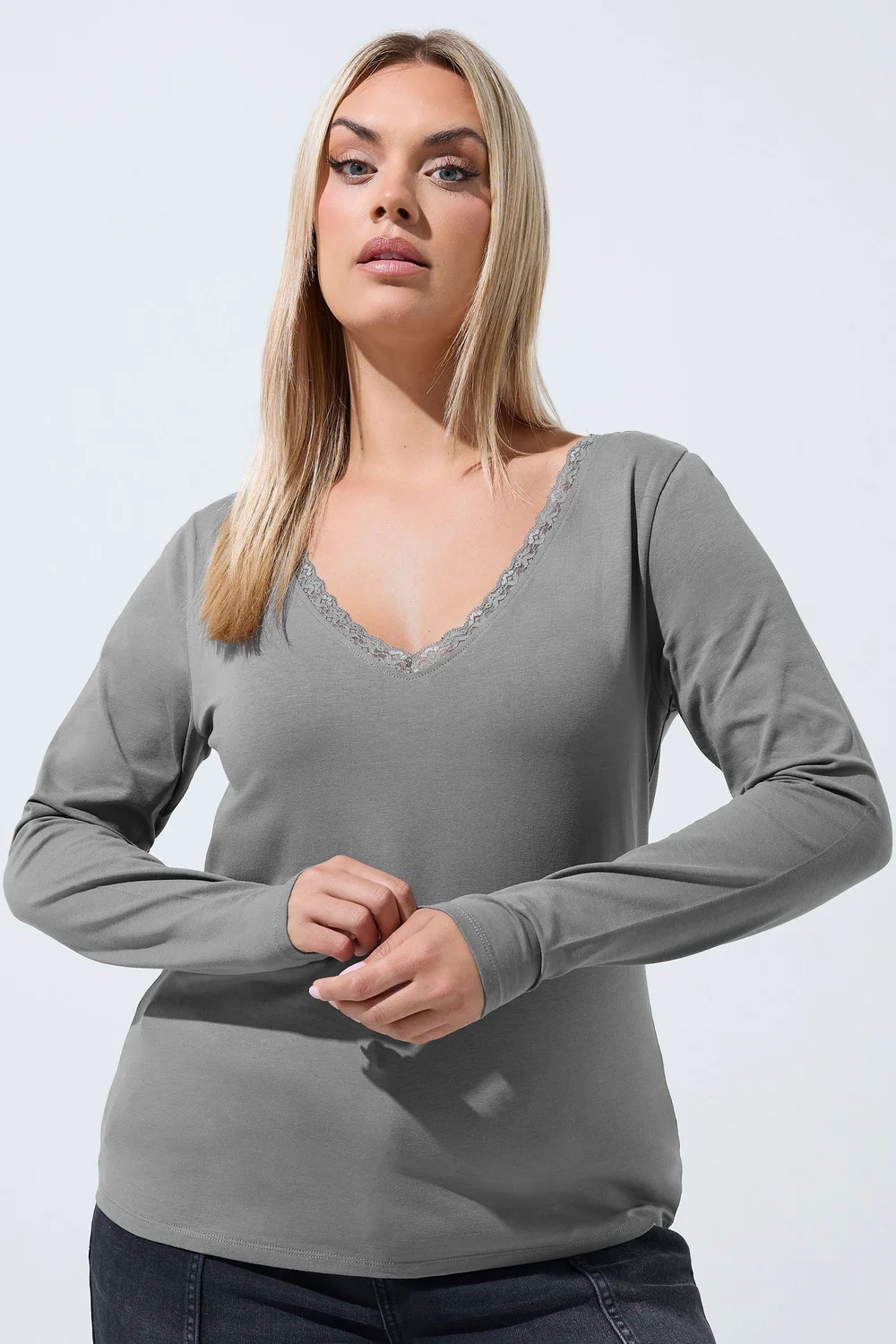 Yours Limited Curve Grey Lace Trim Top - 10 Image 1