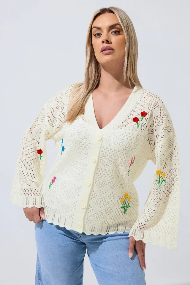 Yours Limited Curve White Crochet Embroidered Cardigan