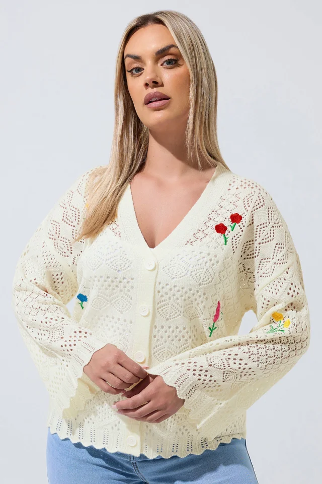 Yours Limited Curve White Crochet Embroidered Cardigan