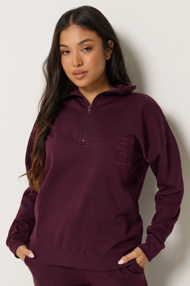 PixieGirl Petite Dark Red Embroidered '22' Slogan Funnel Neck Sweatshirt