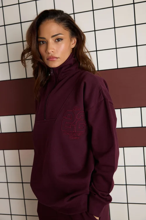 PixieGirl Petite Dark Red Embroidered '22' Slogan Funnel Neck Sweatshirt - 14 Image 1