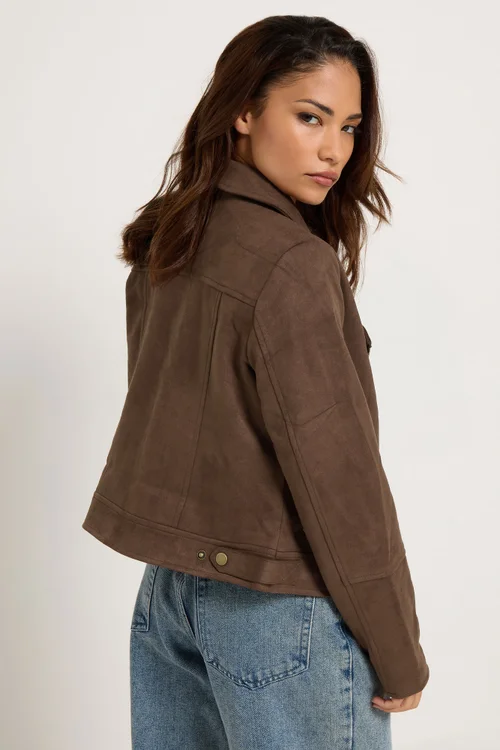 PixieGirl Petite Chocolate Brown Faux Suede Biker Jacket - 8 Image 4