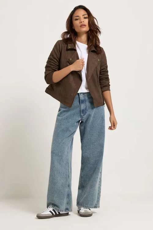 PixieGirl Petite Chocolate Brown Faux Suede Biker Jacket - 8 Image 3