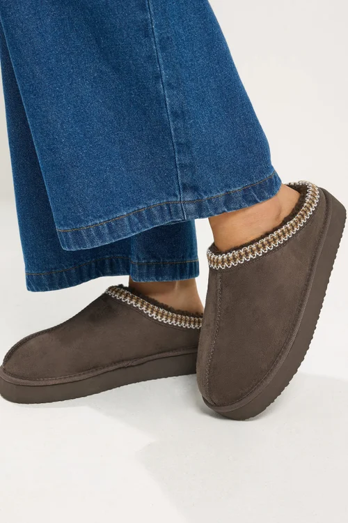 Yours Chocolate Brown Faux Suede Embroidered Mules In Wide E Fit & Extra Wide EEE Fit - 6 Wide Image 1