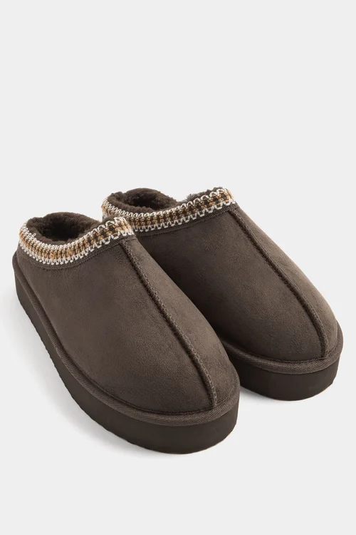 Yours Chocolate Brown Faux Suede Embroidered Mules In Wide E Fit & Extra Wide EEE Fit - 6 Wide Image 2