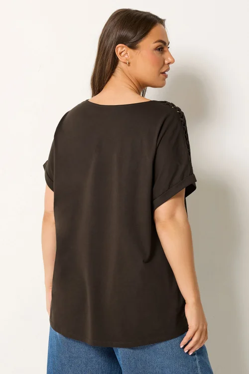 Yours Curve Brown Lattice Grown On Sleeve T-Shirt - 26-28 Image 3