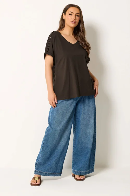 Yours Curve Brown Lattice Grown On Sleeve T-Shirt - 26-28 Image 2