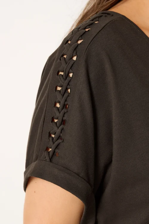 Yours Curve Brown Lattice Grown On Sleeve T-Shirt - 26-28 Image 4