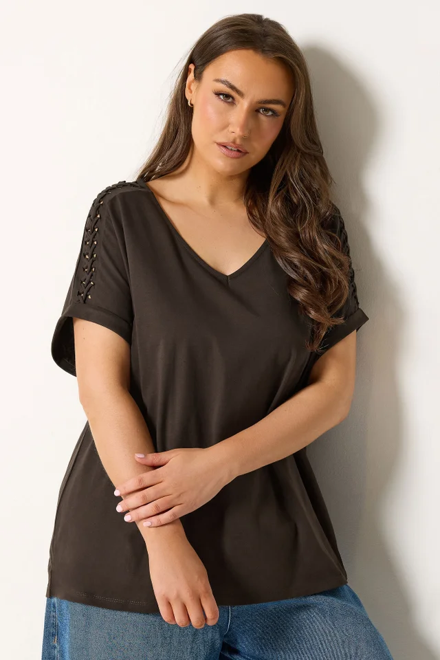 Yours Curve Brown Lattice Grown On Sleeve T-Shirt