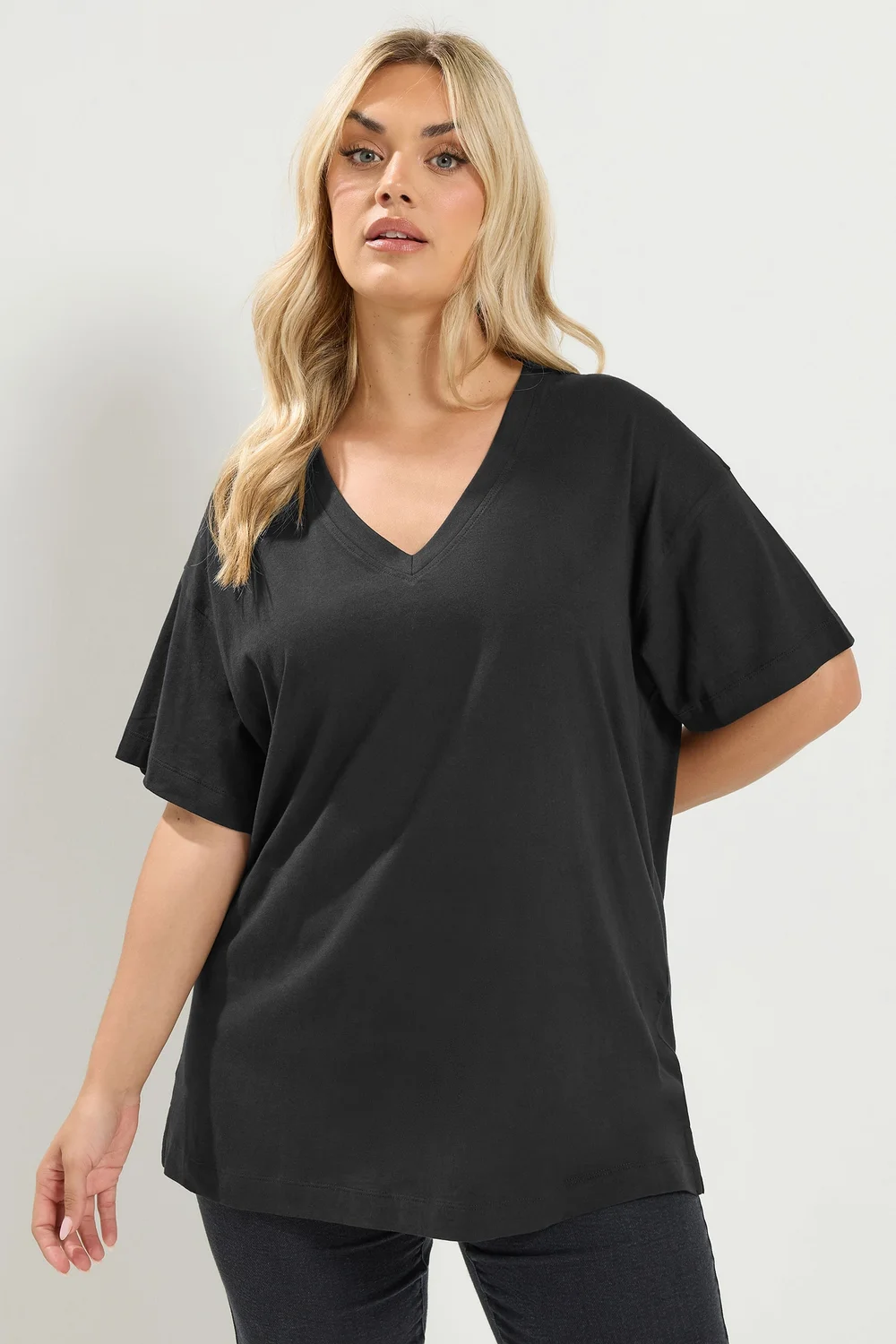 Yours Curve Black V-neckline Longline T-Shirt - 18 Image 1