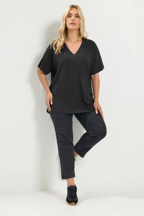 Yours Curve Black V-neckline Longline T-Shirt - 18 Image 2
