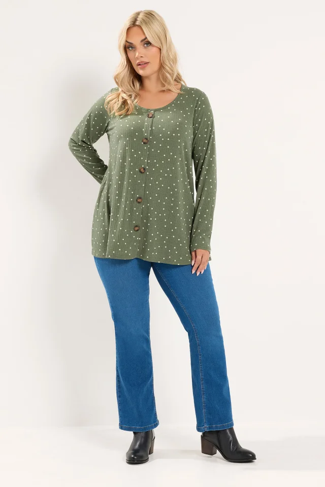 Yours Curve Green Polka Dot Ribbed Button Top