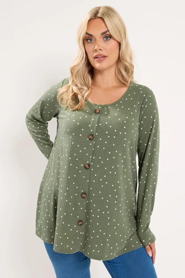 Yours Curve Green Polka Dot Ribbed Button Top