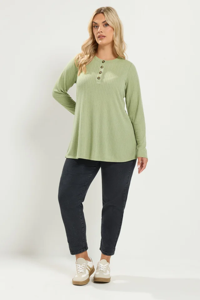 Yours Curve Khaki Green Pointelle Henley Top