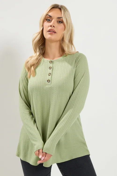 Yours Curve Khaki Green Pointelle Henley Top - 26-28 Image 1