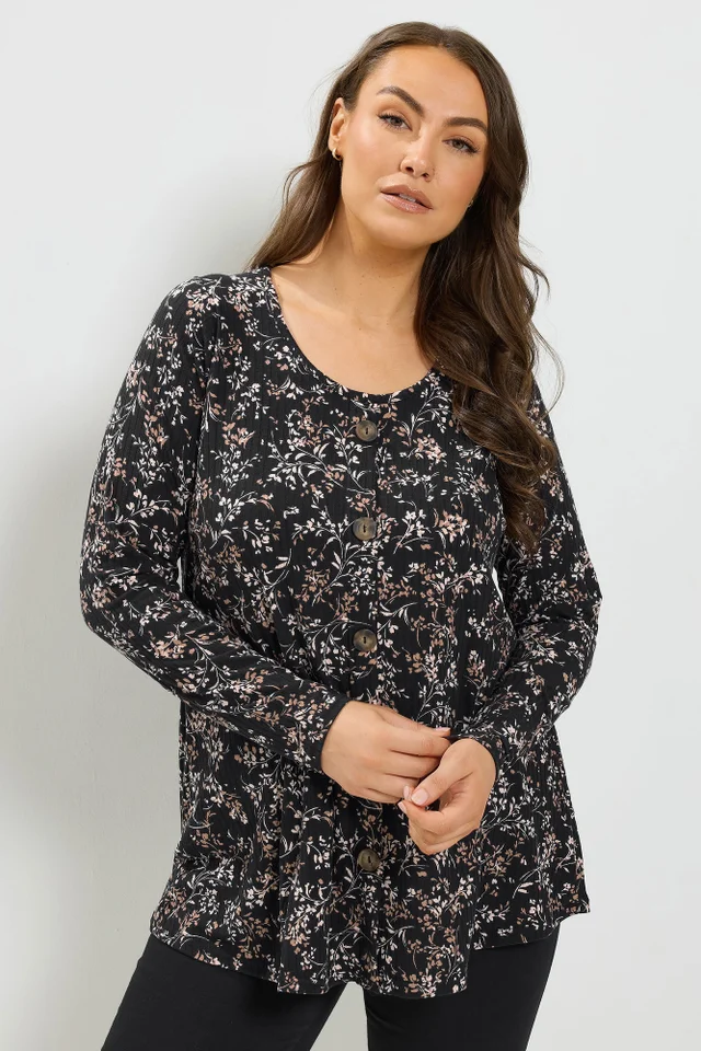 Yours Curve Black Floral Print Ribbed Button Top