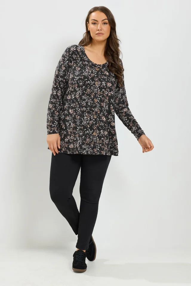 Yours Curve Black Floral Print Ribbed Button Top