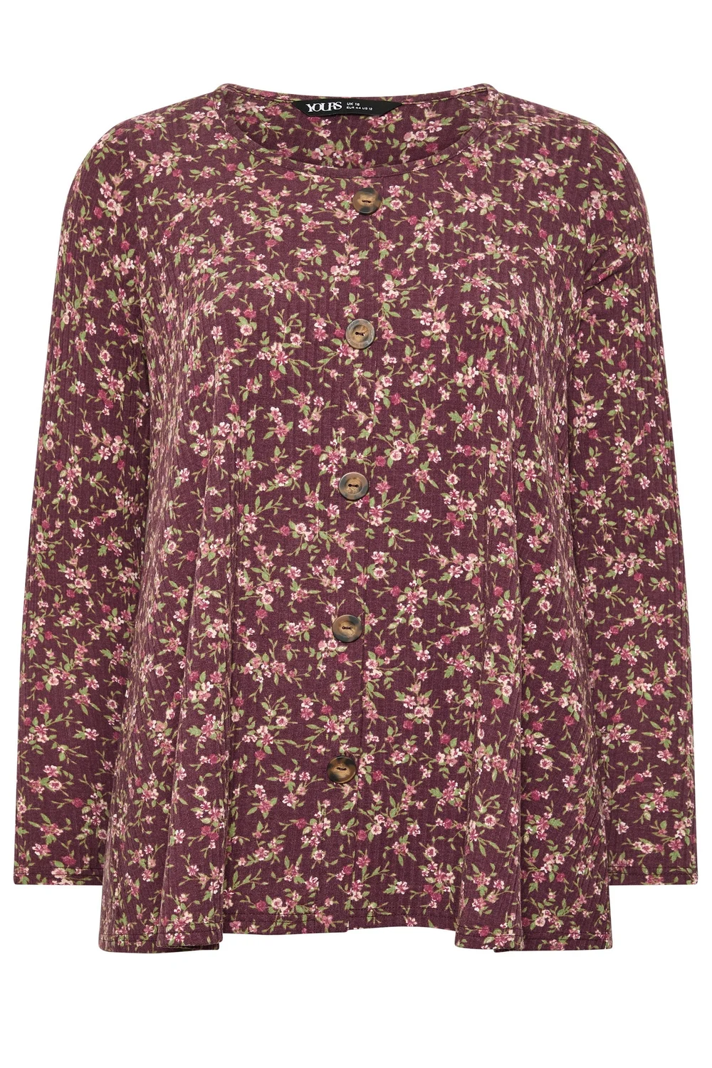 Yours Curve Burgundy Red Floral Ribbed Button Top - 12 Image 5