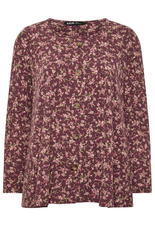 Yours Curve Burgundy Red Floral Ribbed Button Top - 12 Image 5