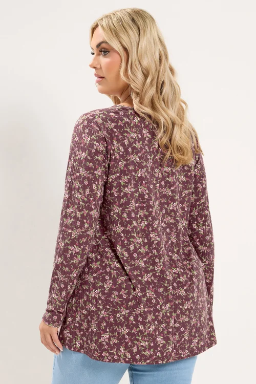 Yours Curve Burgundy Red Floral Ribbed Button Top - 12 Image 3