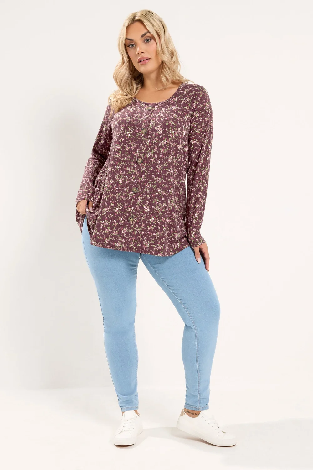 Yours Curve Burgundy Red Floral Ribbed Button Top - 12 Image 2