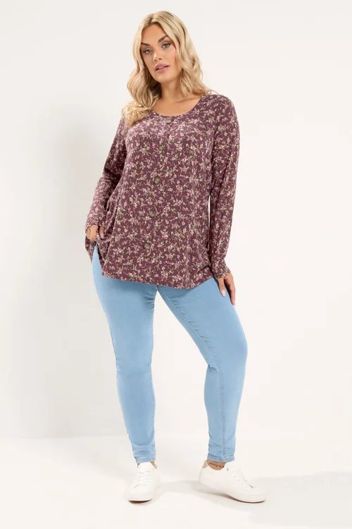 Yours Curve Burgundy Red Floral Ribbed Button Top - 12 Image 2