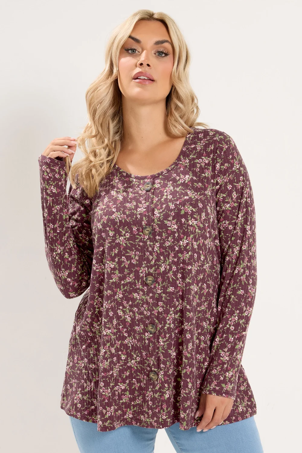 Yours Curve Burgundy Red Floral Ribbed Button Top - 12 Image 1
