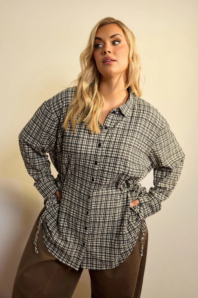 Yours Curve Black Check Textured Tie Waist Shirt