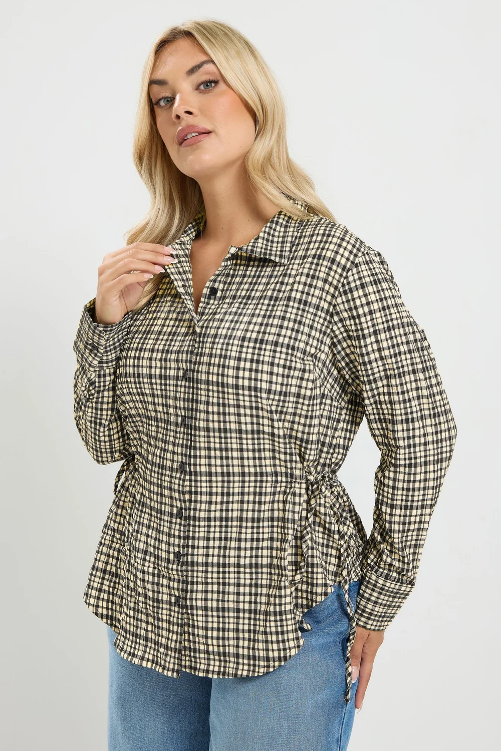 Yours Curve Black Check Textured Tie Waist Shirt - 22-24 Image 3