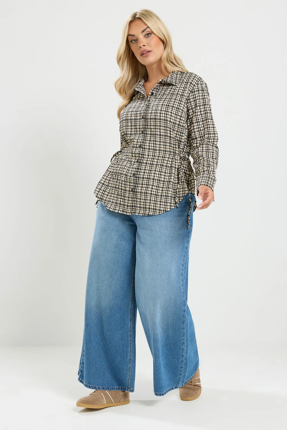 Yours Curve Black Check Textured Tie Waist Shirt - 22-24 Image 4