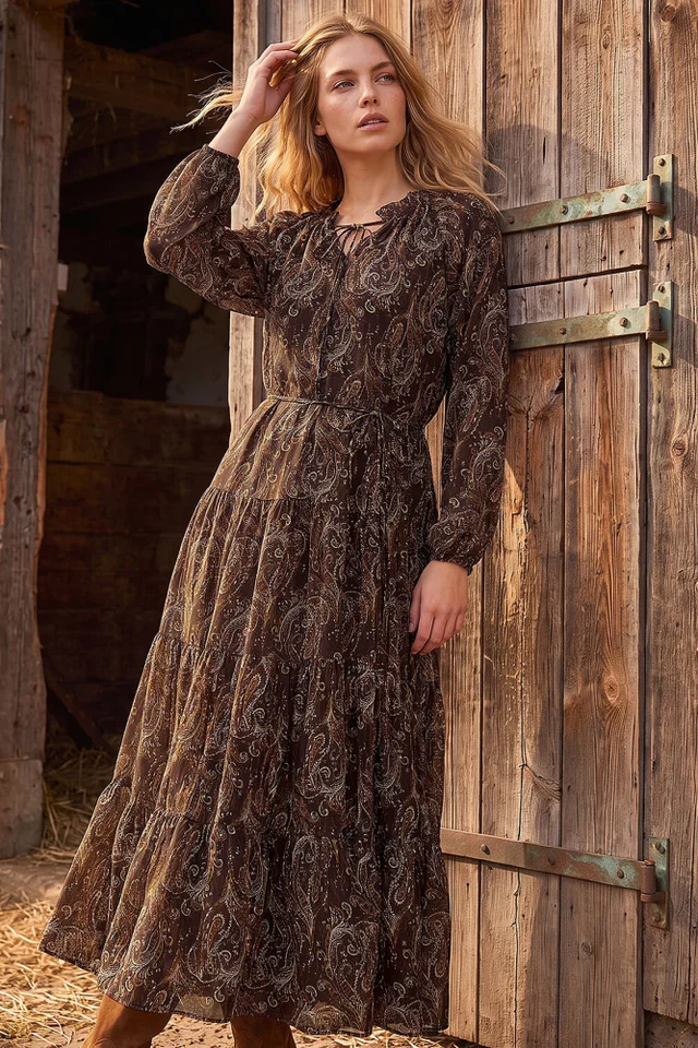 Roman Tan Paisley Keyhole Midi Dress