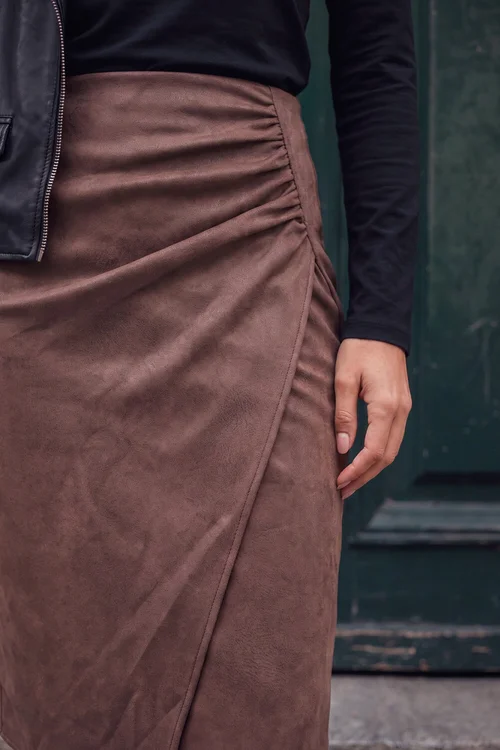 Roman Chocolate Faux Suede Ruched Side Skirt - 18 Image 4