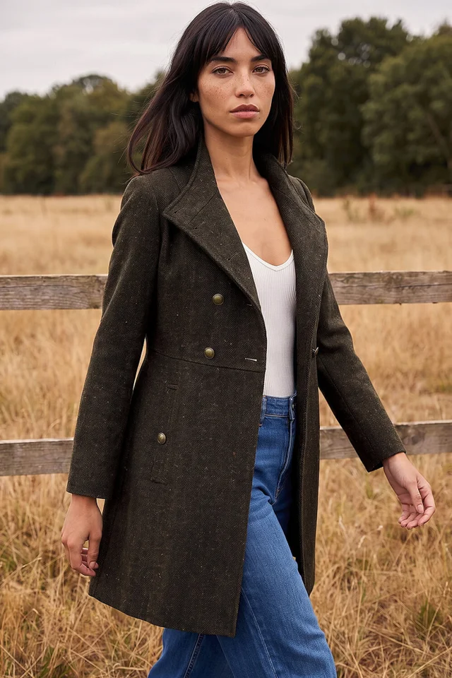 Roman Chocolate Petite Funnel Neck Herringbone Coat