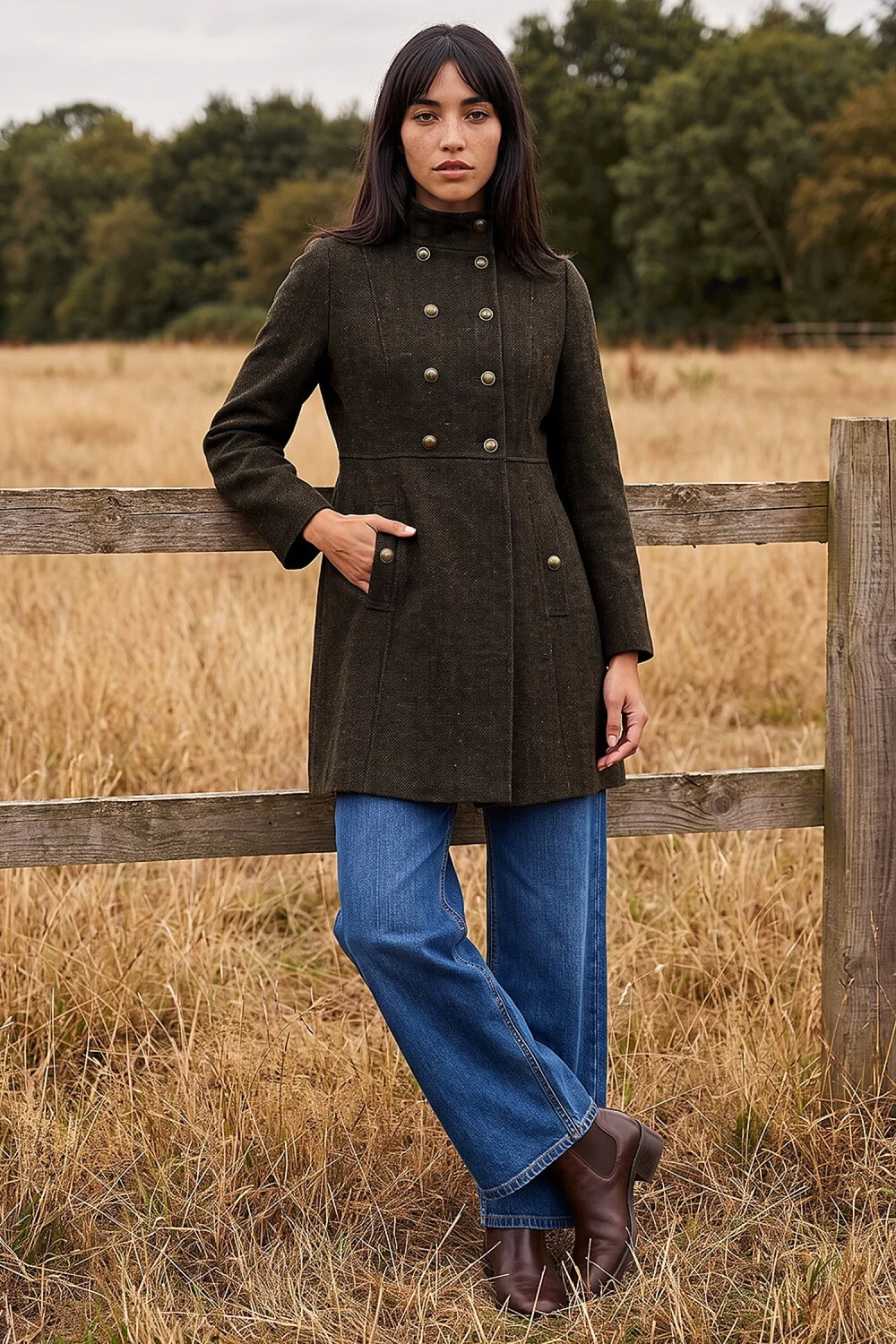 Roman Chocolate Petite Funnel Neck Herringbone Coat - 18 Image 3