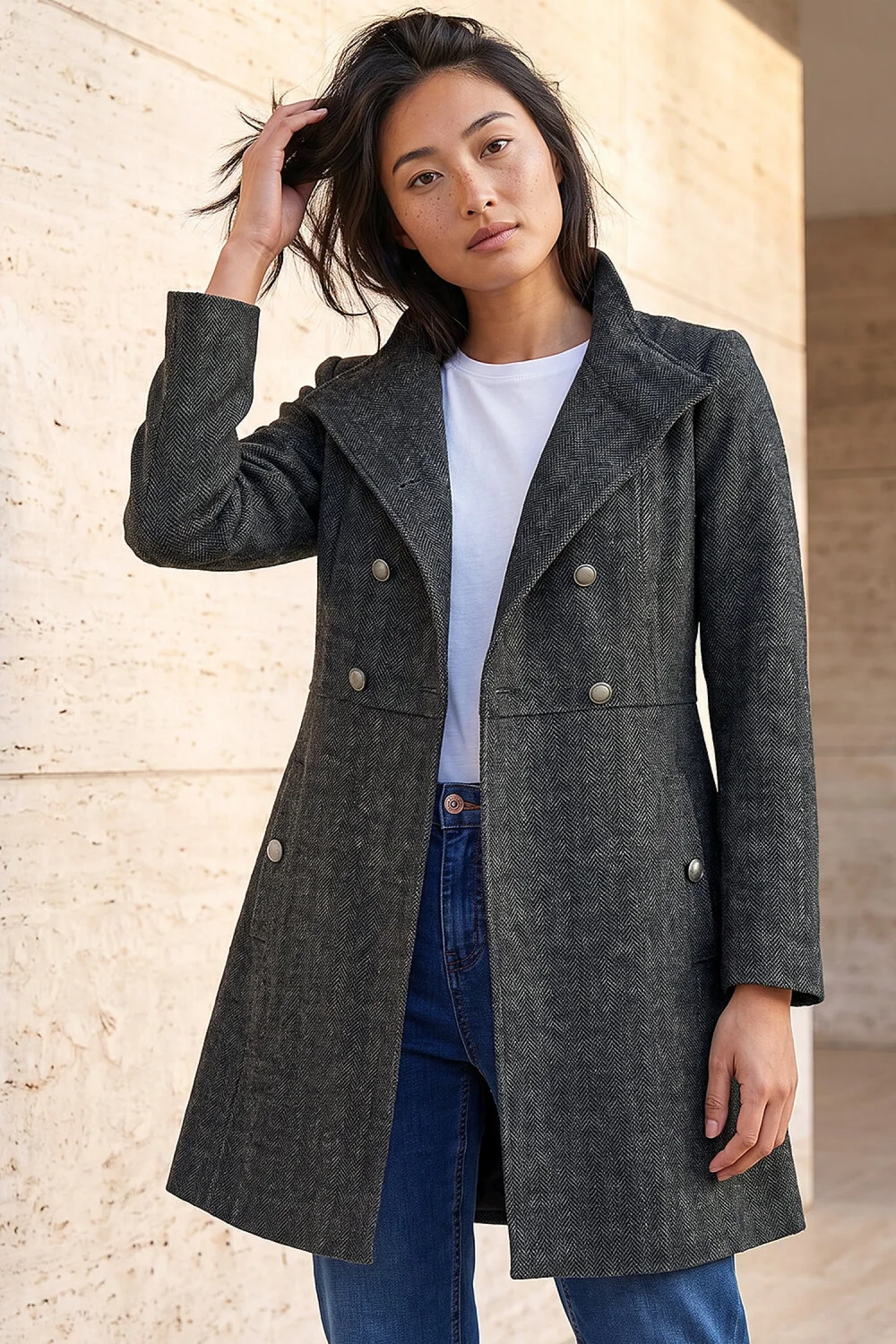 Roman Grey Petite Funnel Neck Herringbone Coat - 12 Image 1