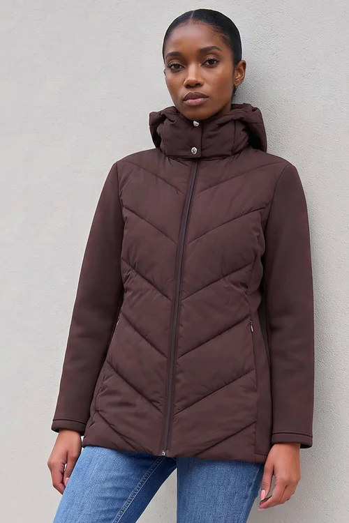 Roman Chocolate Petite Hooded Chevron Padded Coat - 10 Image 3