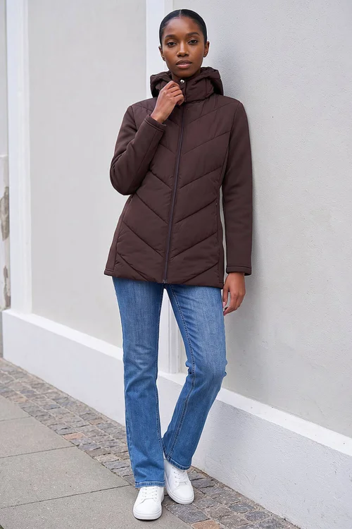 Roman Chocolate Petite Hooded Chevron Padded Coat - 10 Image 2