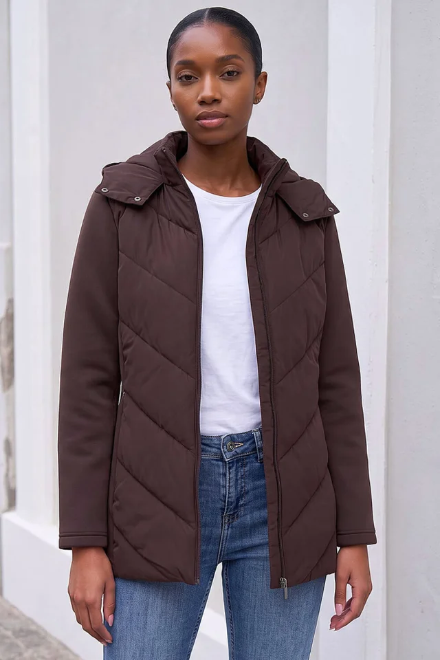 Roman Chocolate Petite Hooded Chevron Padded Coat