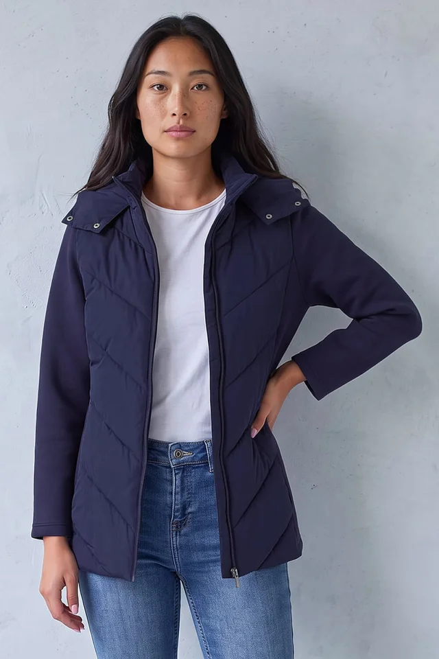 Roman Navy Petite Hooded Chevron Padded Coat