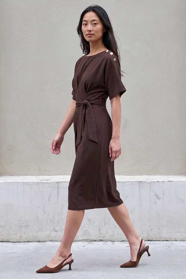 Roman Chocolate Petite Tie Waist Dress