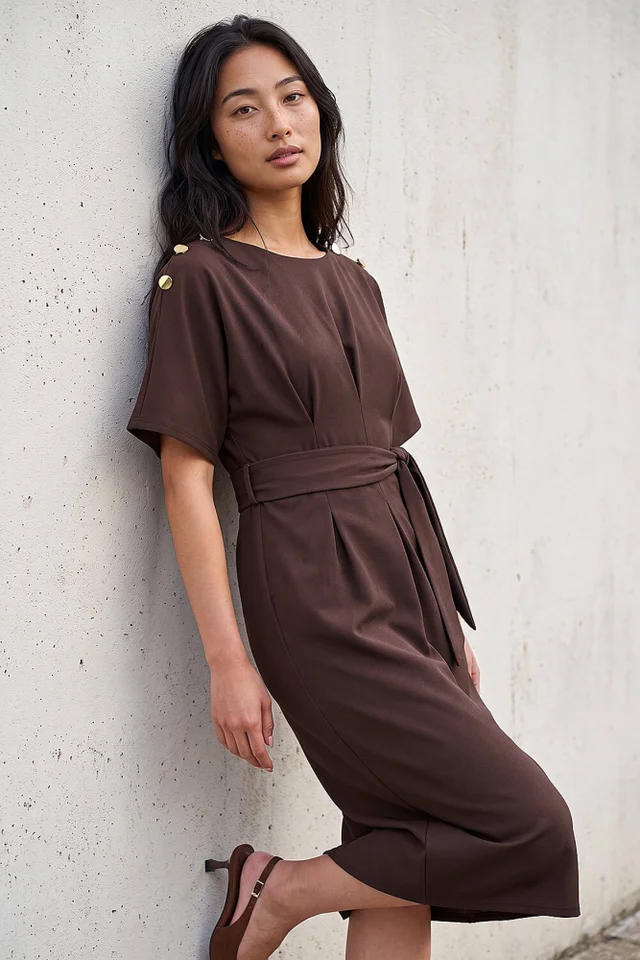Roman Chocolate Petite Tie Waist Dress